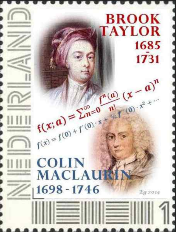 A postage stamp with images of Taylor and Maclaurin and their formulas.